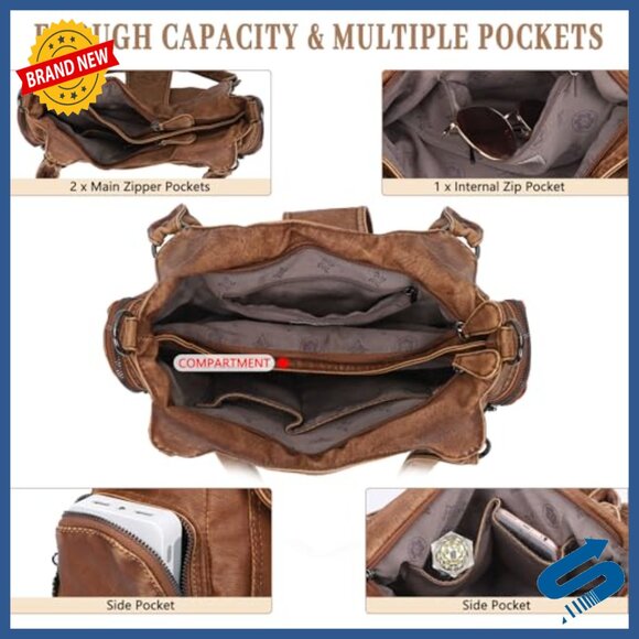 Vegan Leather Hobo Tote with Crossbody Strap, Roomy 7-Pocket Design - Picture 6 of 7